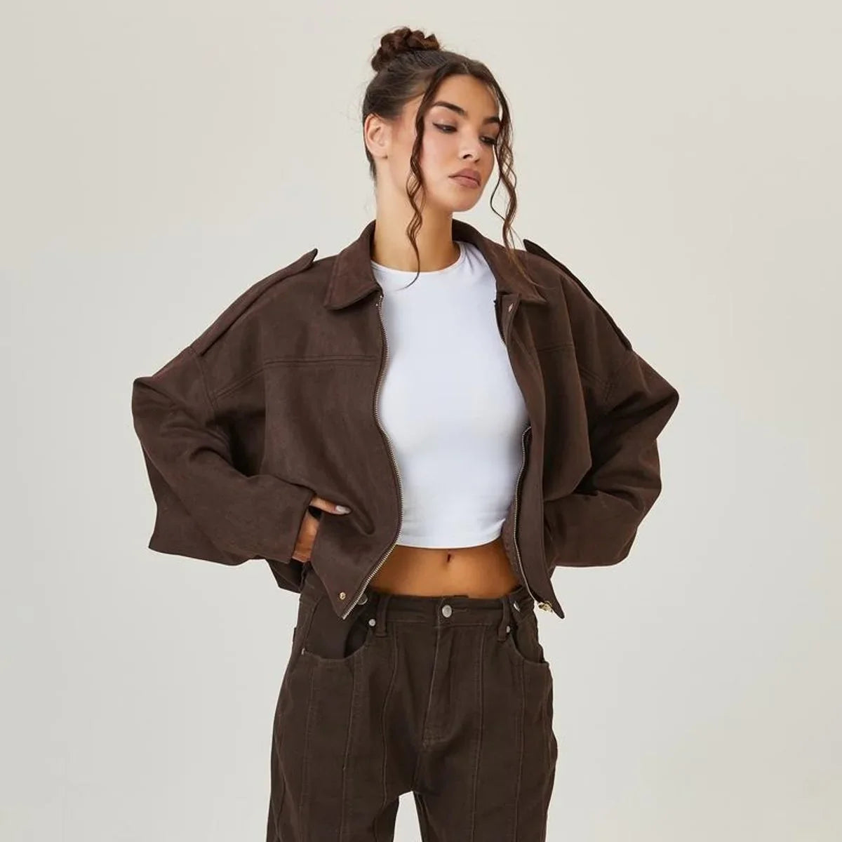 Women's Oversized Suede Bomber in brown – The Zarelle side view 1