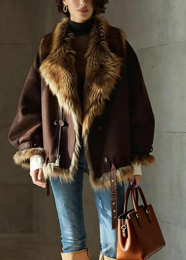 Women's Brown Faux Fur Jacket in brown – The Otteline detail view 1