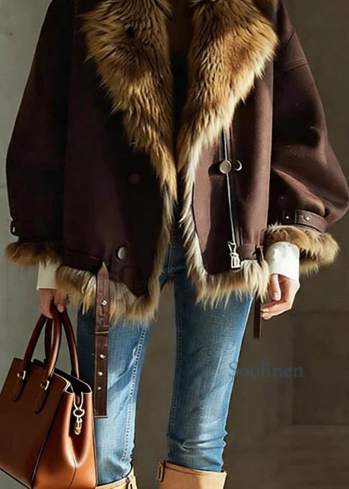 Women's Brown Faux Fur Jacket in brown – The Otteline back view 1