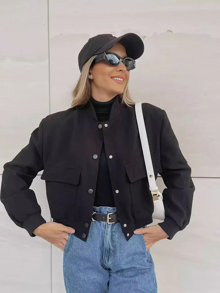 Women's Cropped Leather Bomber in apricot – The Maevora close-up 1