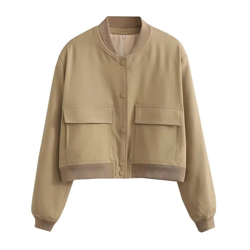 Women's Cropped Leather Bomber in apricot – The Maevora styled view 2