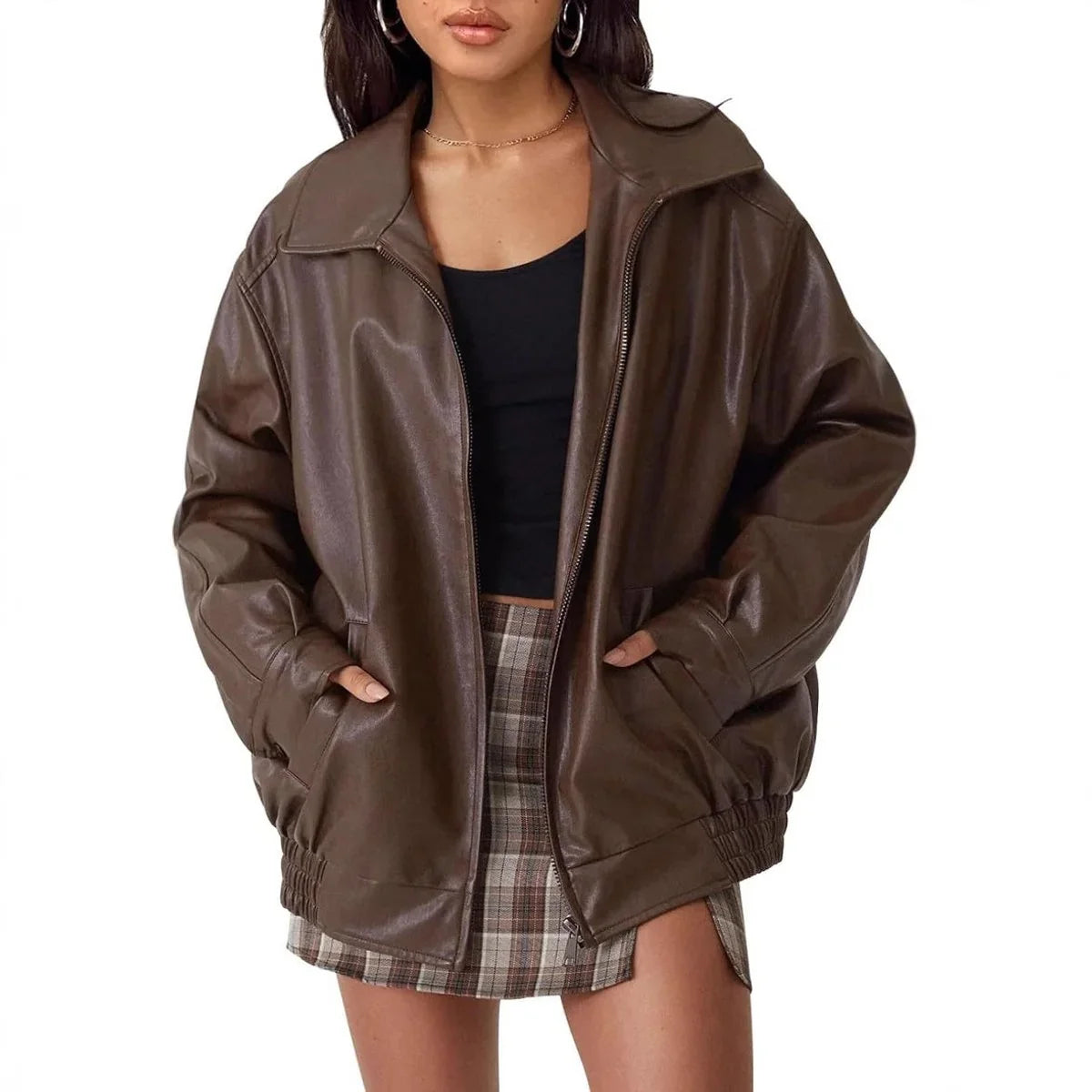 Women's Oversized Leather Bomber in dark brown – The Ysoline front view 1