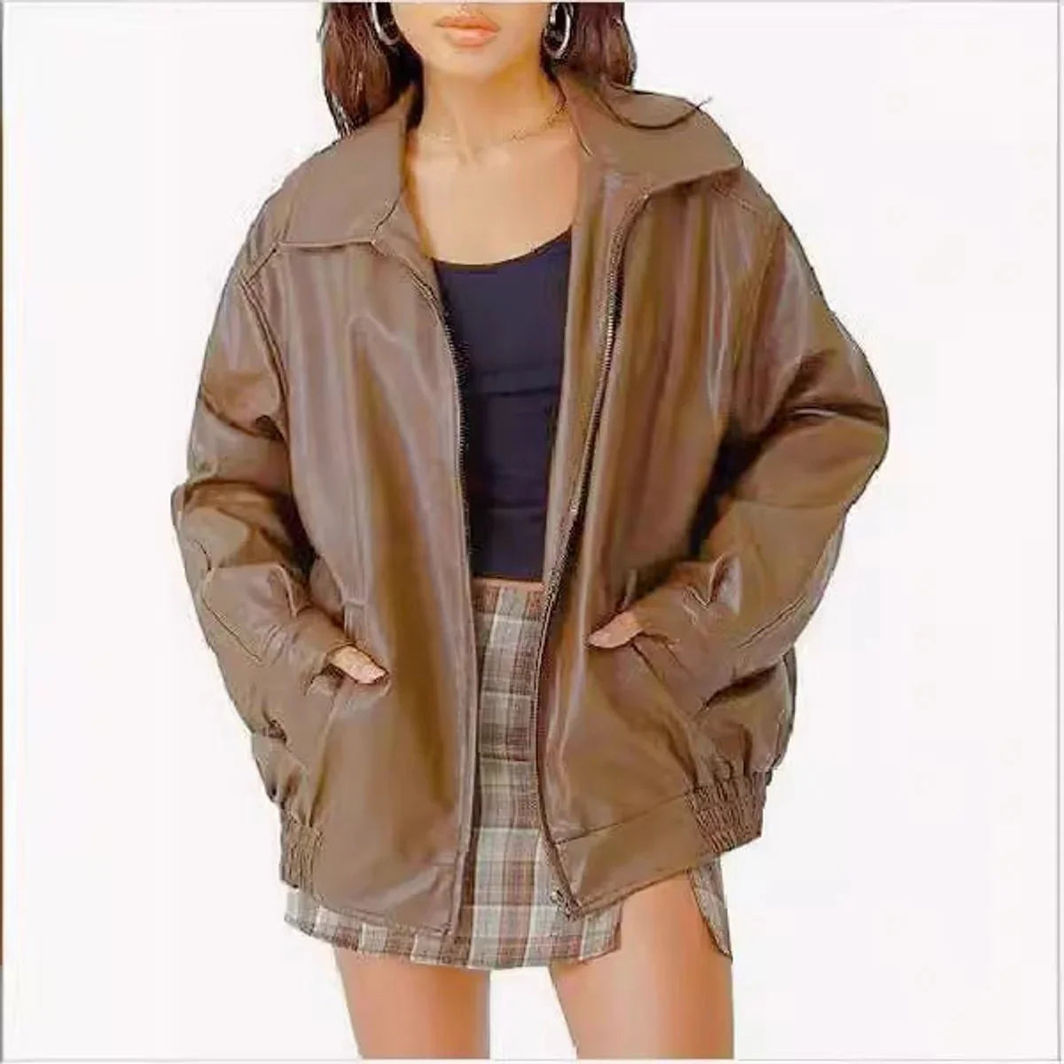 Women's Oversized Leather Bomber in dark brown – The Ysoline styled view 1