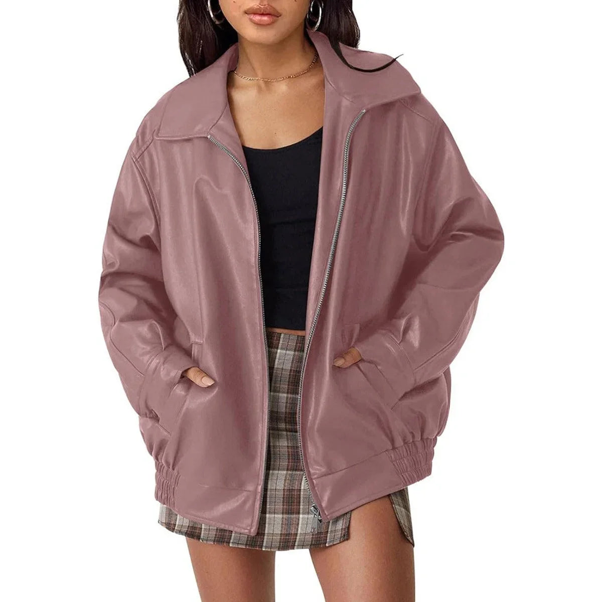 Women's Oversized Leather Bomber in dark brown – The Ysoline side view 2