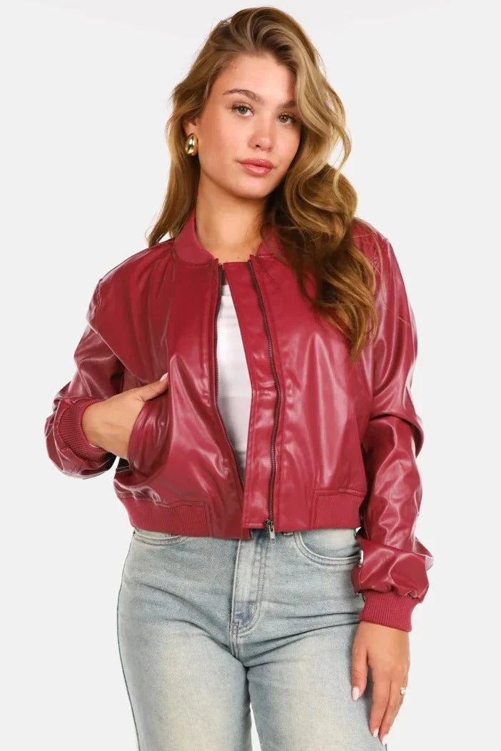 Women's Ribbed Leather Bomber in red – The Miravelle front view 1