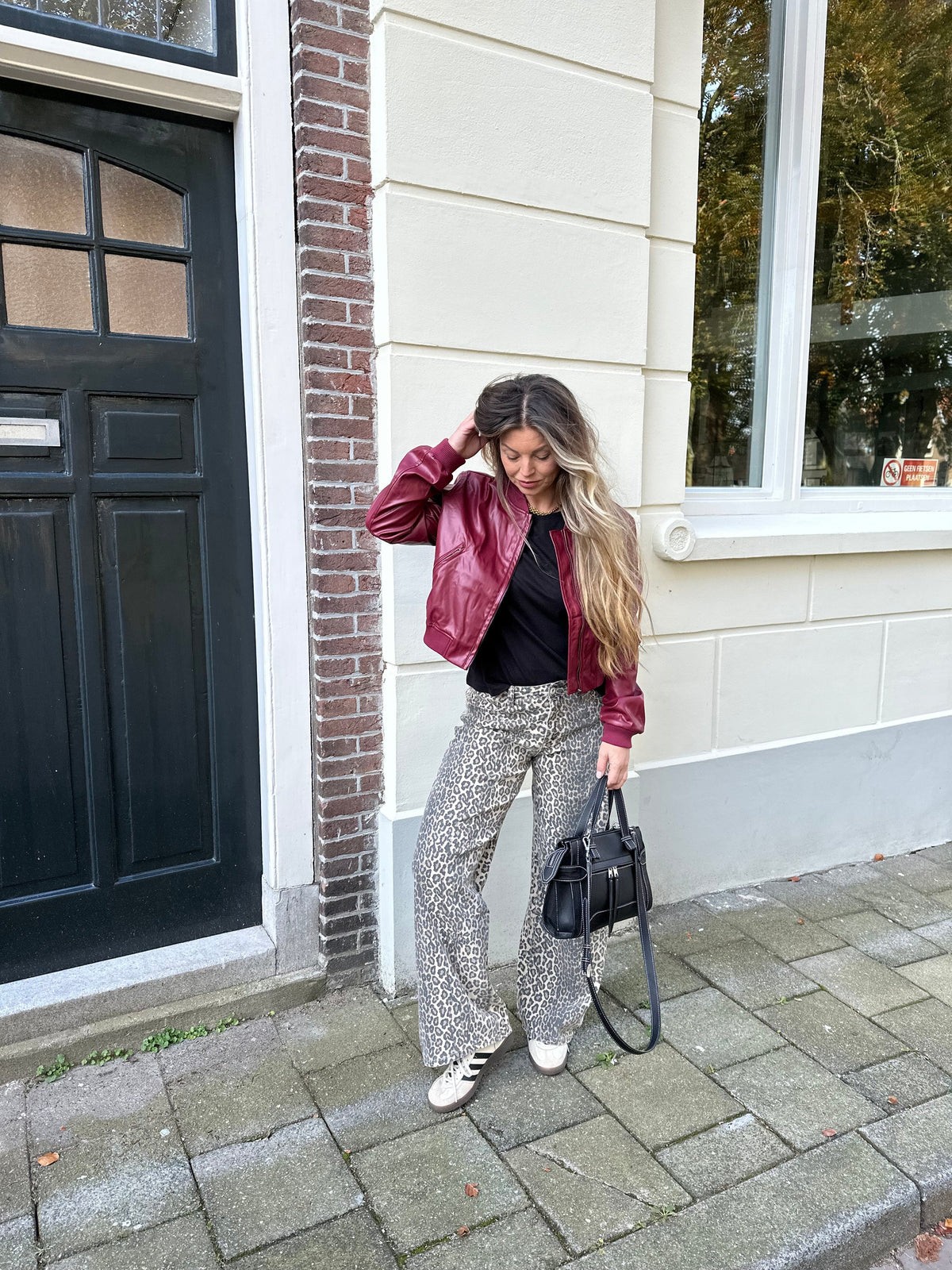 Women's Ribbed Leather Bomber in red – The Miravelle close-up 1