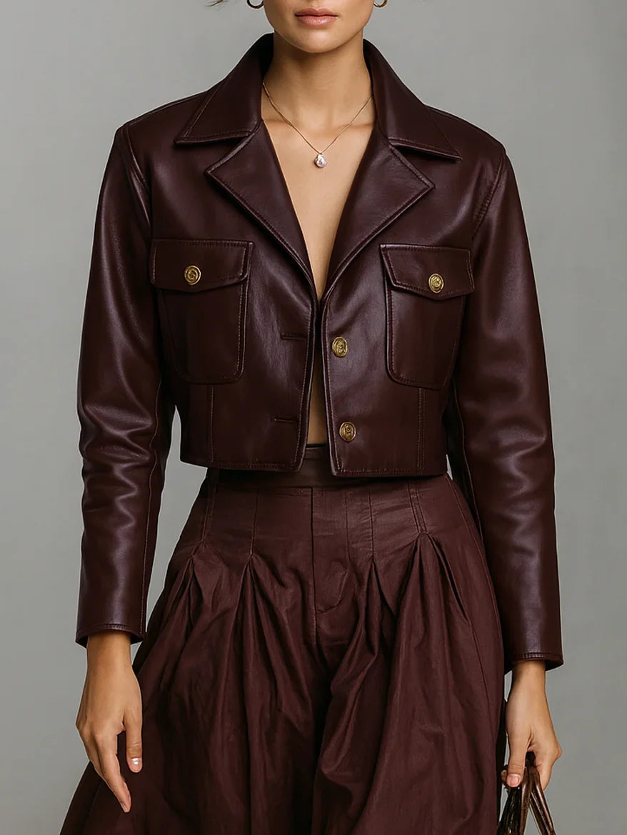 Women's Cropped Leather Jacket in photo color – The Sabrielle front view 1