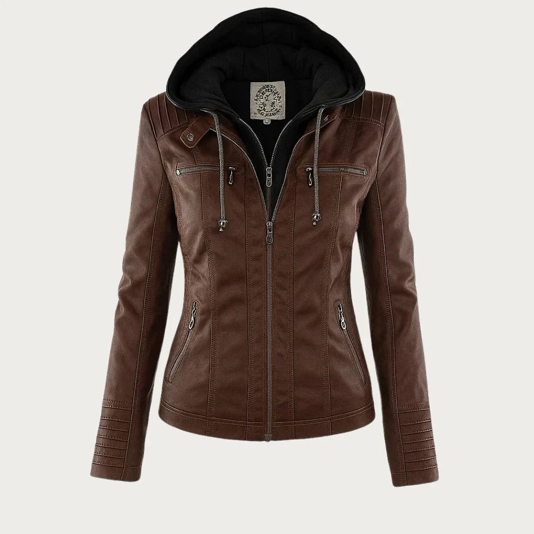 Women's Hooded Leather Jacket in camel – The Rosavie detail view 1