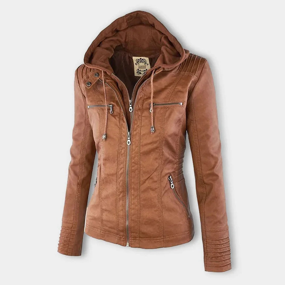 Women's Hooded Leather Jacket in camel – The Rosavie back view 1