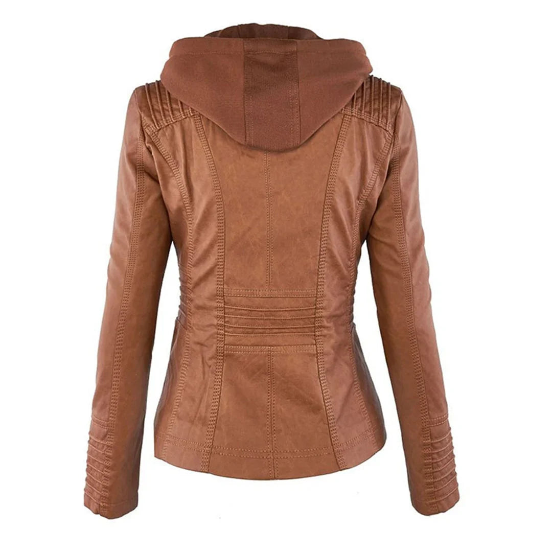Women's Hooded Leather Jacket in camel – The Rosavie close-up 1