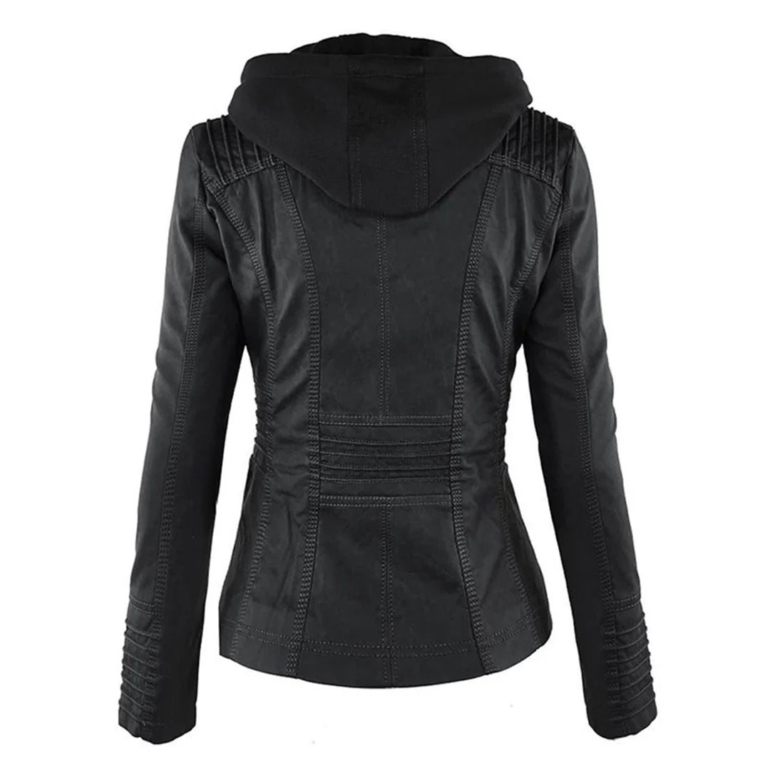 Women's Hooded Leather Jacket in camel – The Rosavie detail view 2