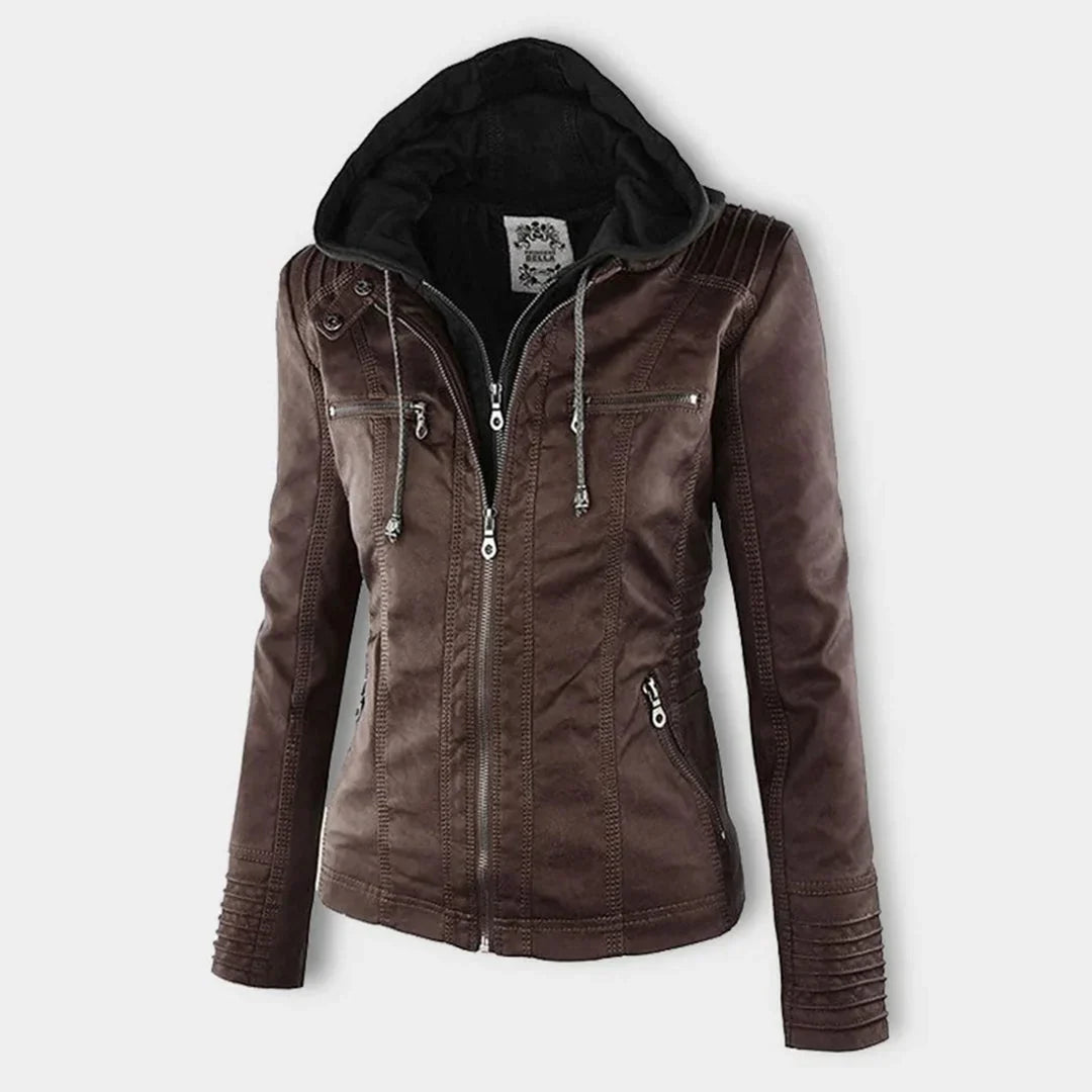 Women's Hooded Leather Jacket in camel – The Rosavie back view 2