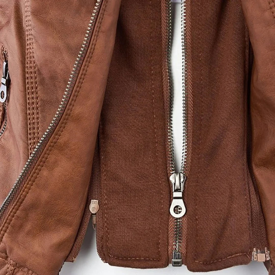 Women's Hooded Leather Jacket in camel – The Rosavie side view 3
