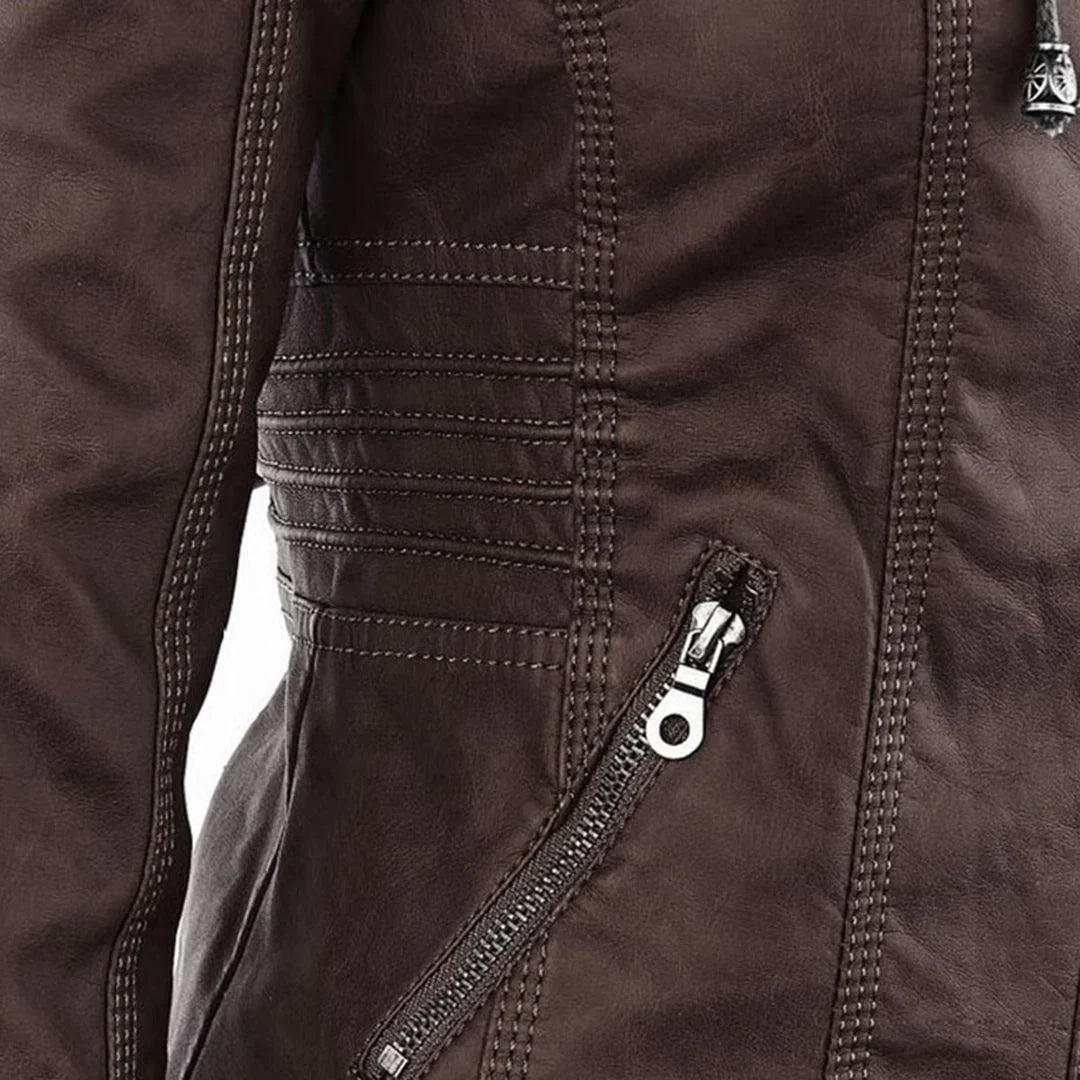 Women's Hooded Leather Jacket in camel – The Rosavie close-up 3
