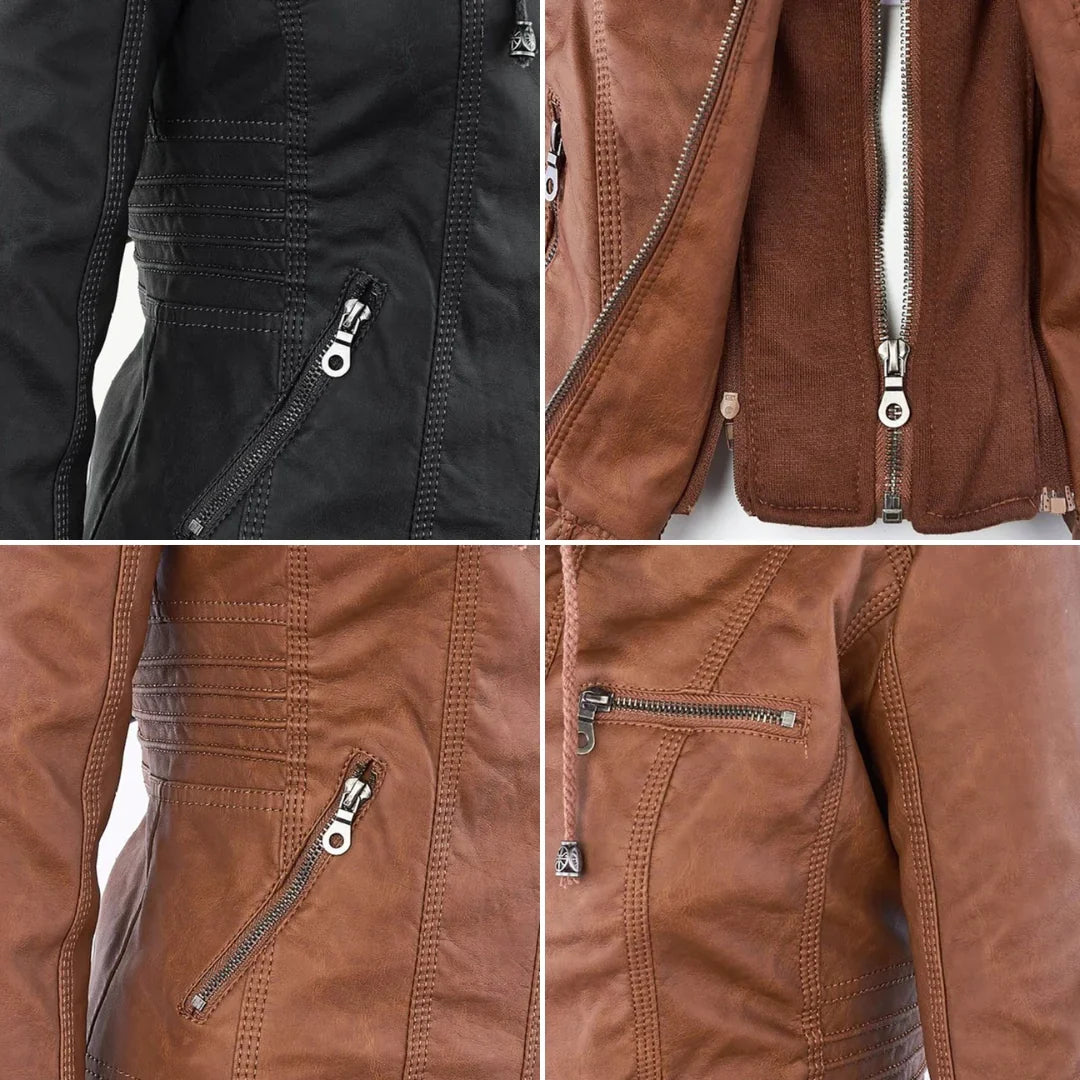 Women's Hooded Leather Jacket in camel – The Rosavie detail view 4