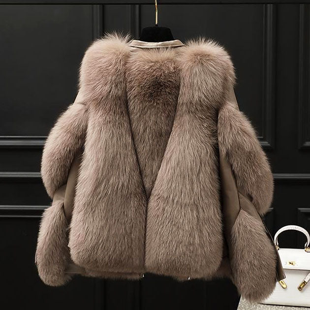 Women's Faux Fur Leather Jacket in light brown – The Aureline back view 1