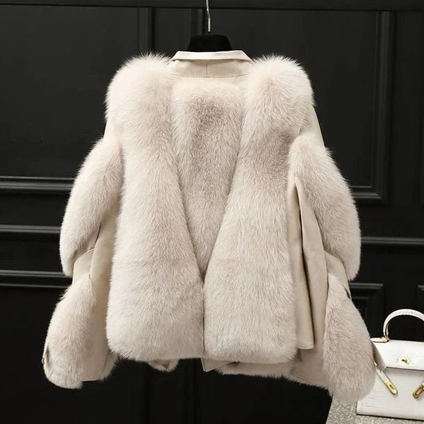 Women's Faux Fur Leather Jacket in light brown – The Aureline close-up 1