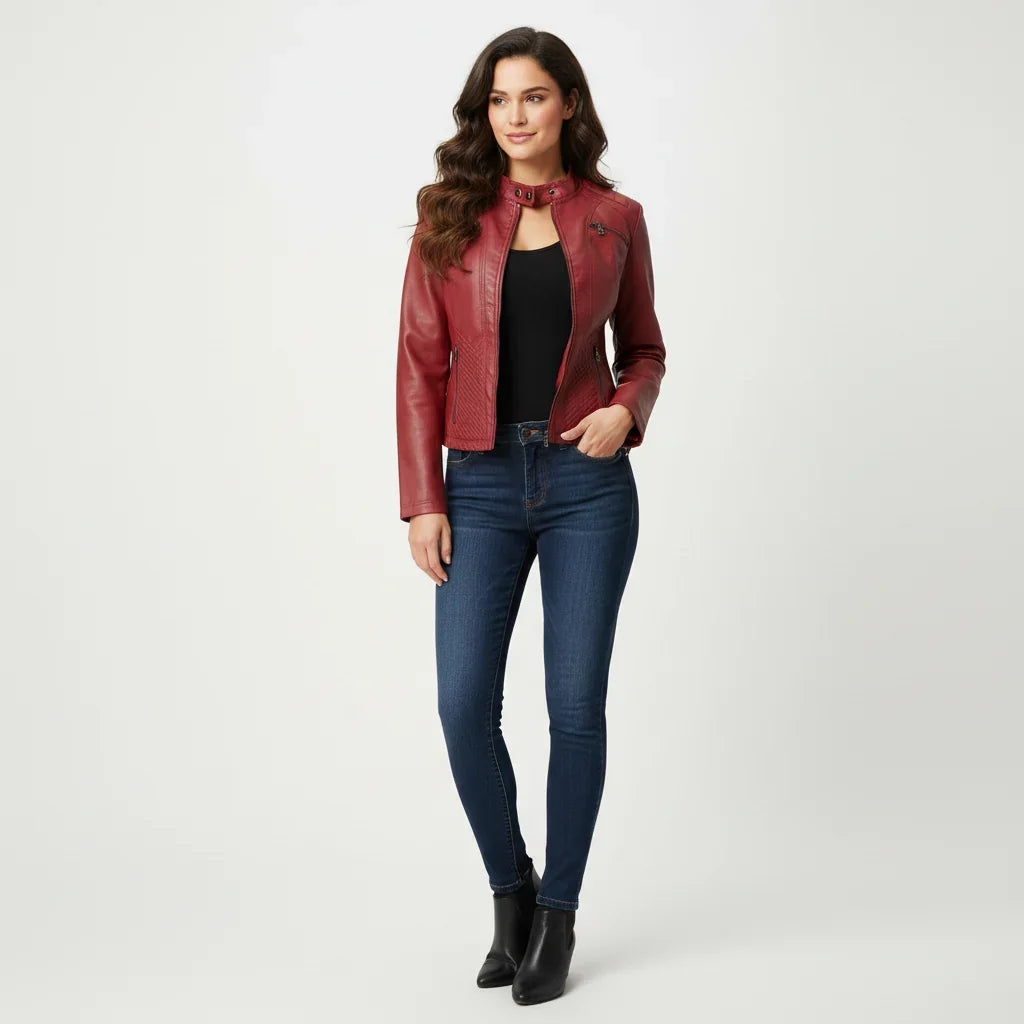 Women's Quilted Moto Jacket in black – The Tavienne styled view 1
