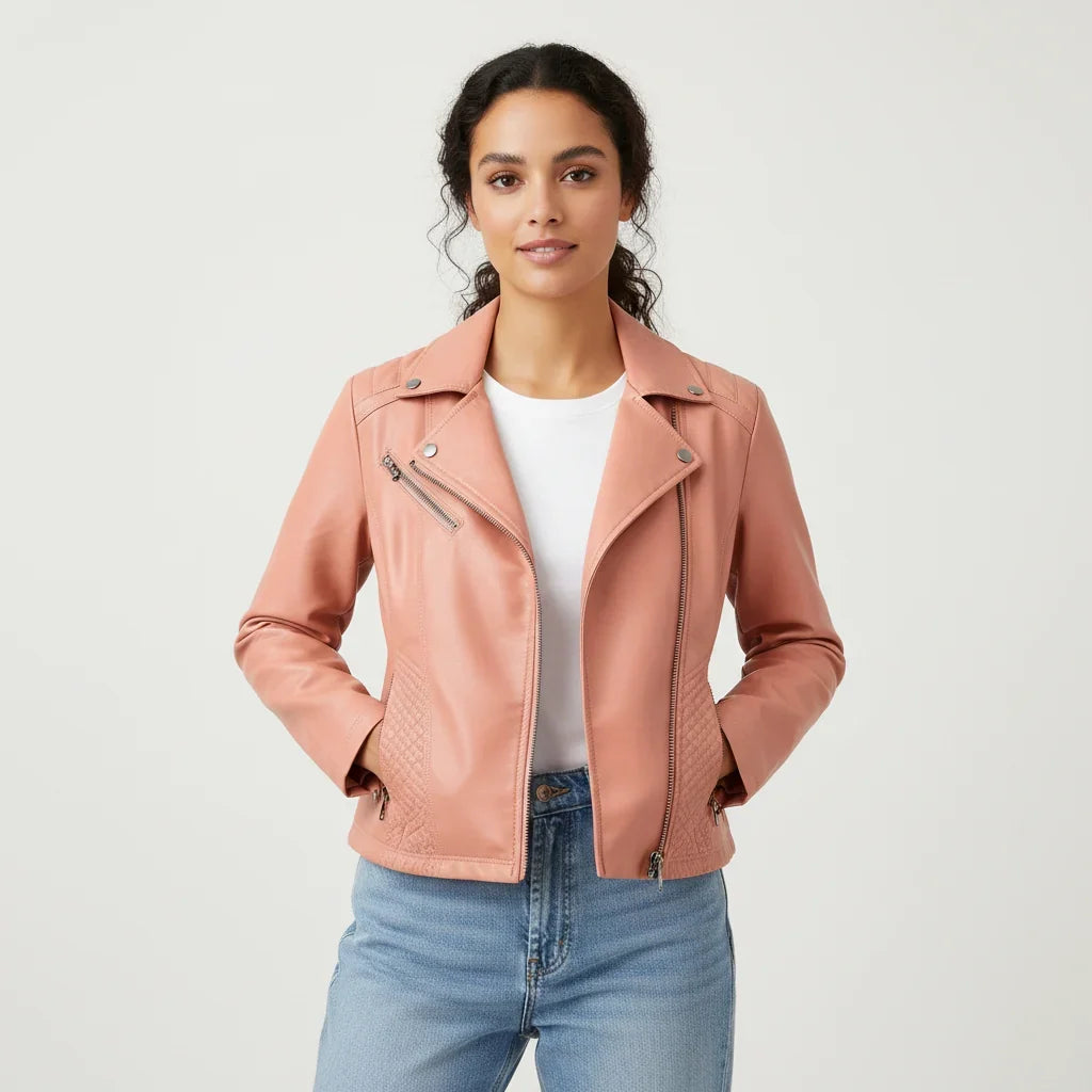 Women's Quilted Moto Jacket in black – The Tavienne detail view 2