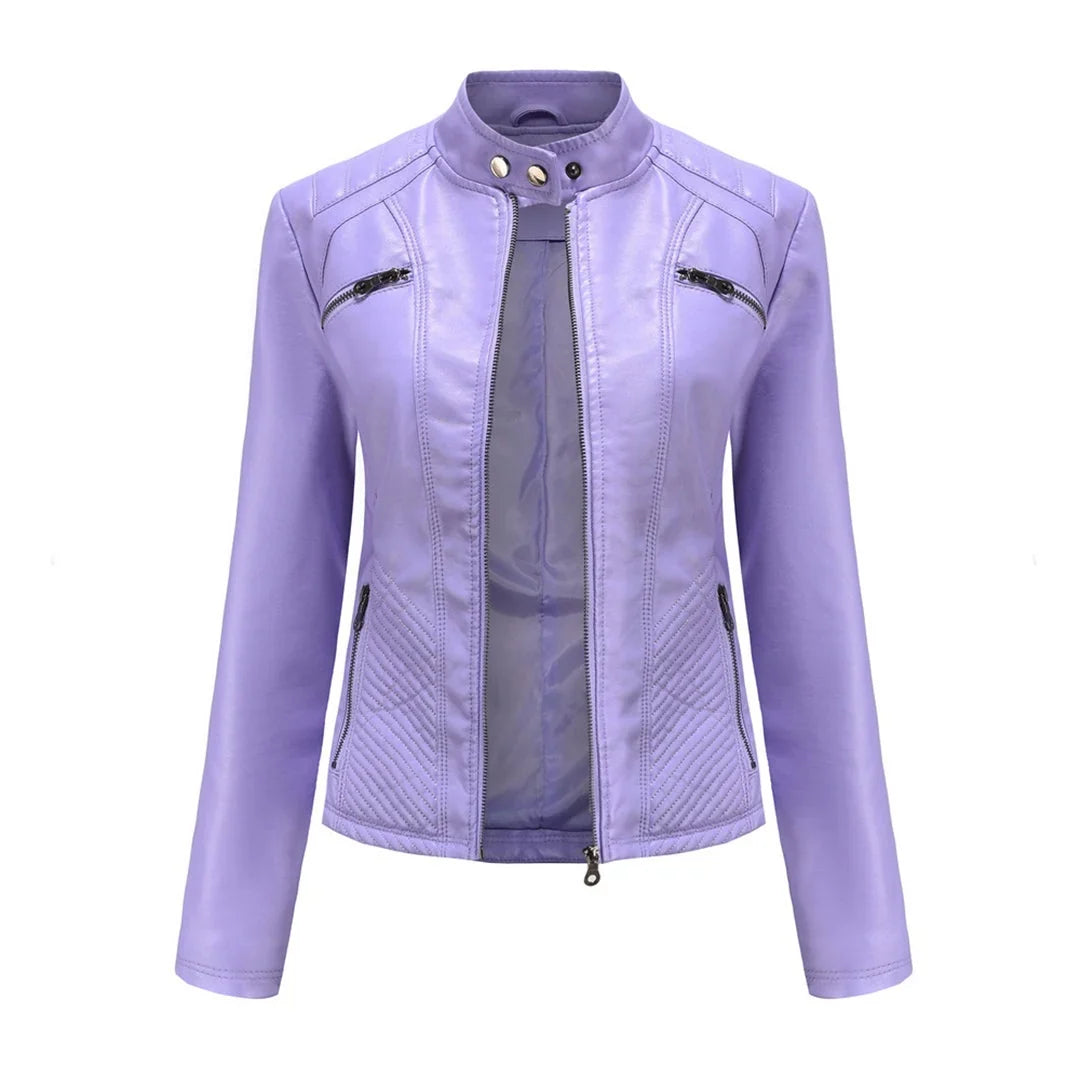 Women's Quilted Moto Jacket in black – The Tavienne front view 3