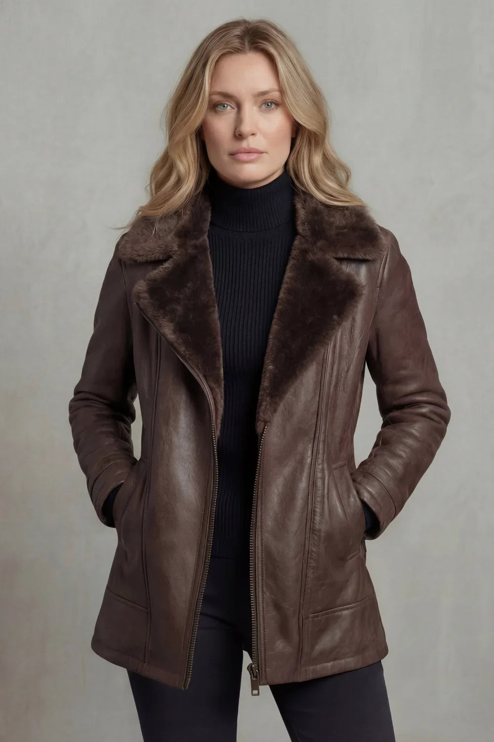 Women's Brown Shearling Jacket in brown – The Sorrelle side view 1