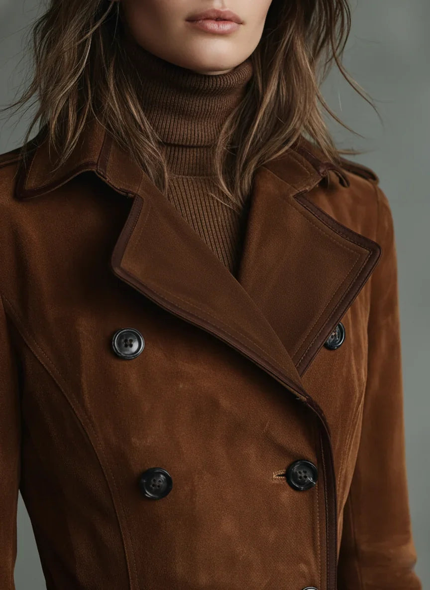 Women's Long Suede Trench Coat in dark brown – The Isavelle side view 1
