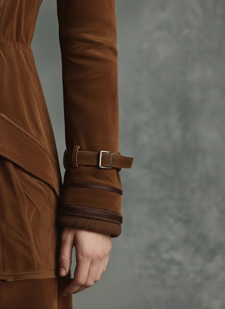 Women's Long Suede Trench Coat in dark brown – The Isavelle detail view 1