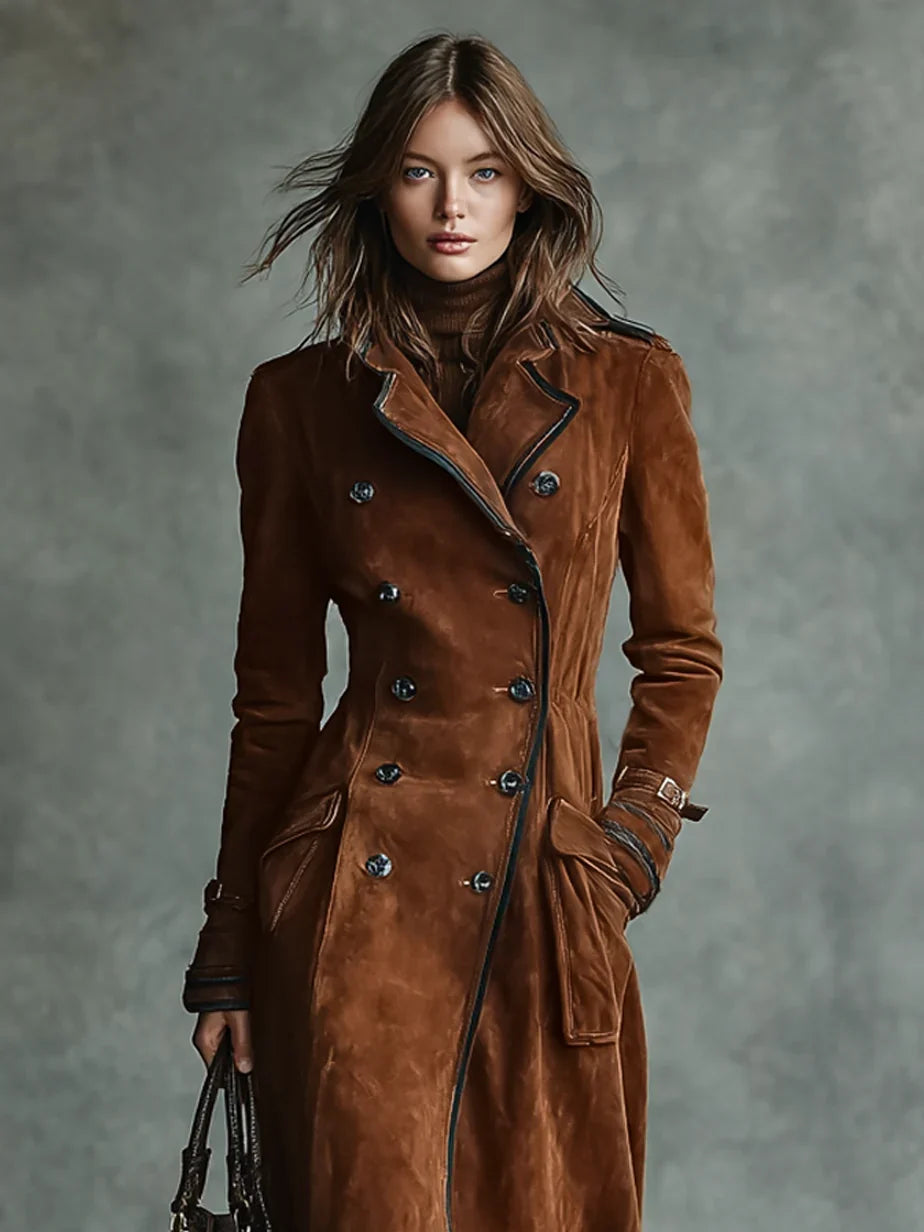 Women's Long Suede Trench Coat in dark brown – The Isavelle back view 1