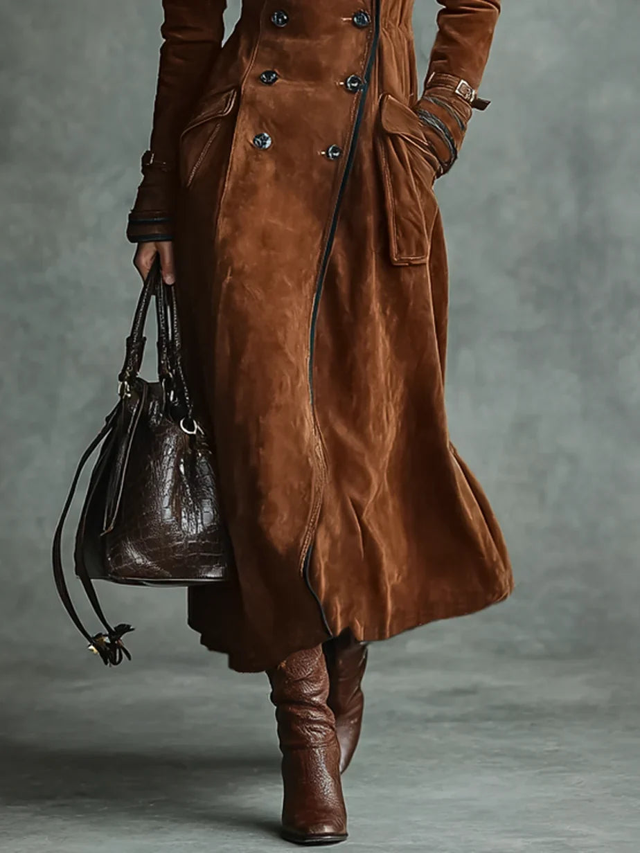 Women's Long Suede Trench Coat in dark brown – The Isavelle styled view 1