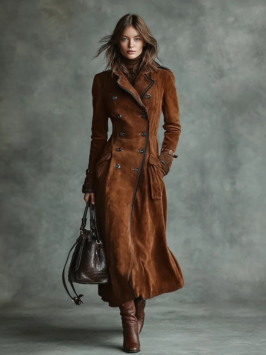 Women's Long Suede Trench Coat in dark brown – The Isavelle close-up 1