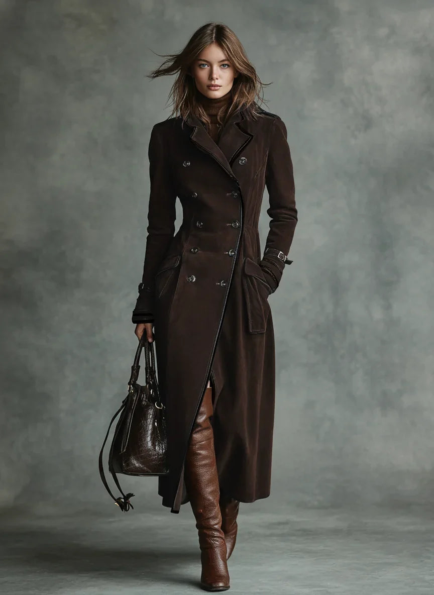 Women's Long Suede Trench Coat in dark brown – The Isavelle front view 2
