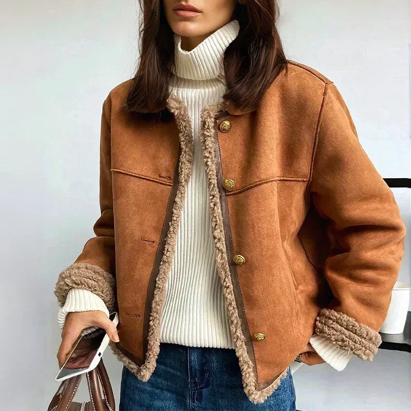 Women's Suede Shearling Jacket in available colour – The Odelisse front view 1