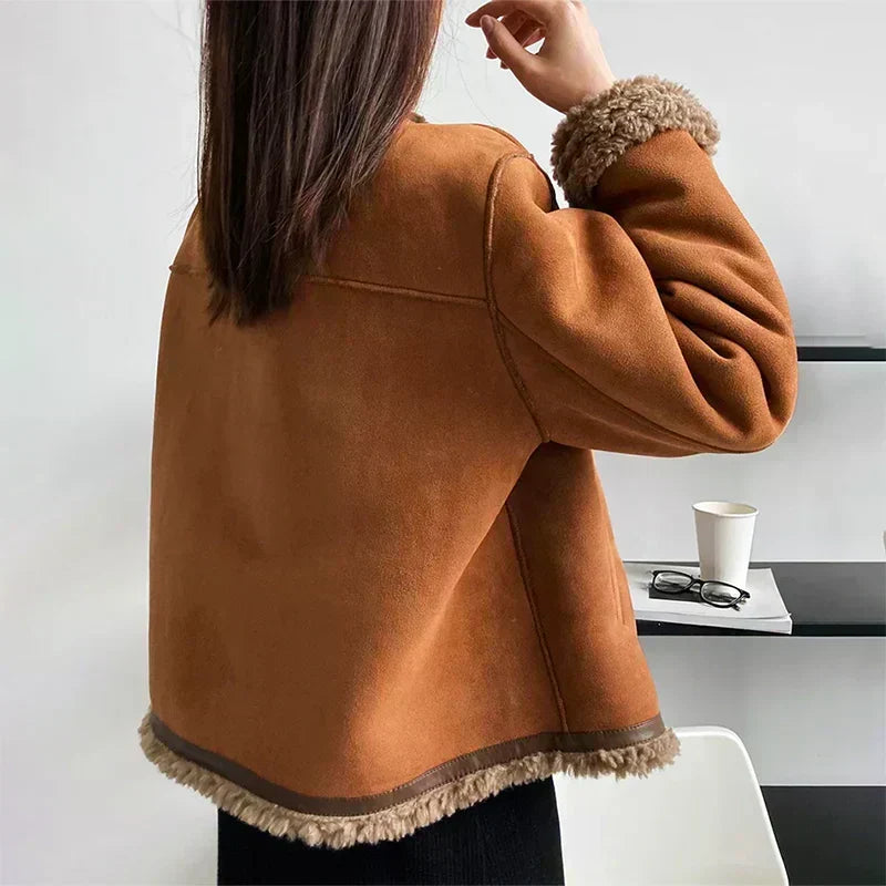 Women's Suede Shearling Jacket in available colour – The Odelisse side view 1