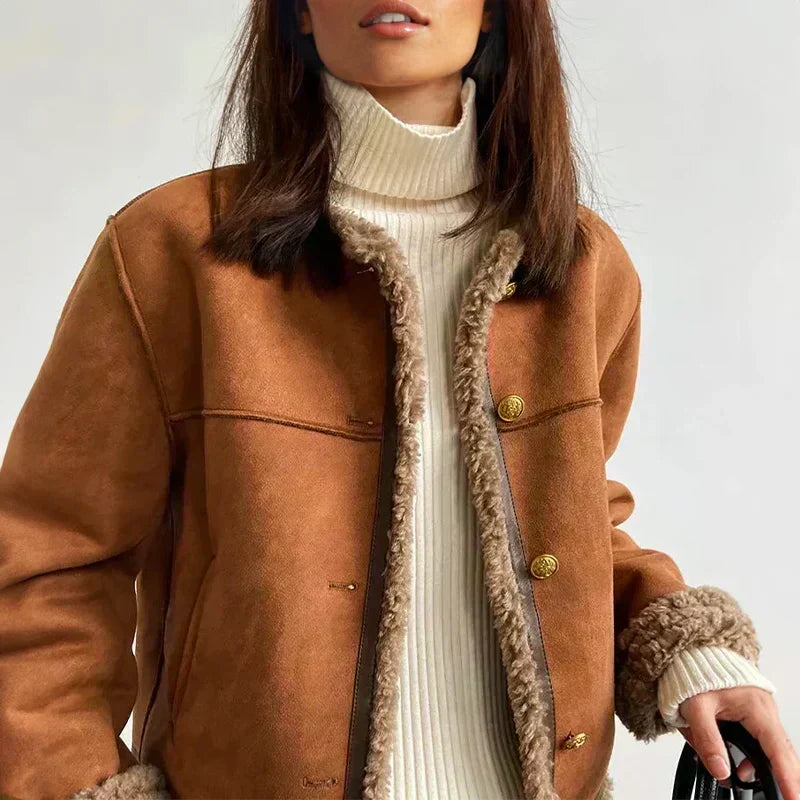Women's Suede Shearling Jacket in available colour – The Odelisse detail view 1