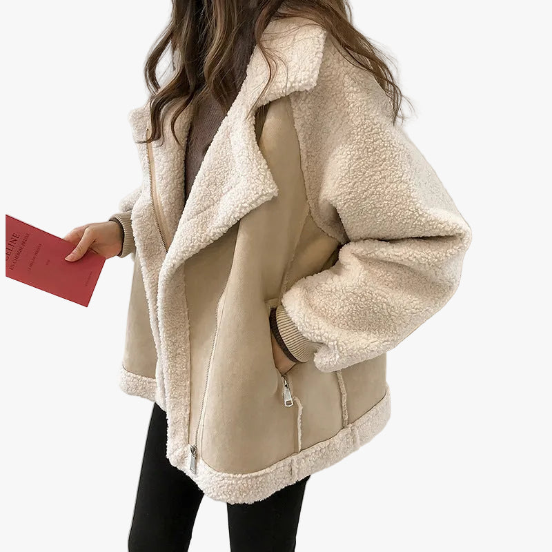 Women's Faux Shearling Coat UK – zip-up turn-down collar, view 1