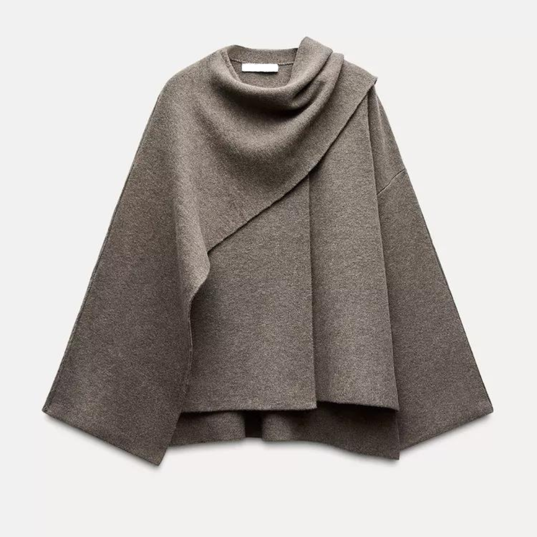 Women's Knit Cape Coat UK – draped collar layer, view 2