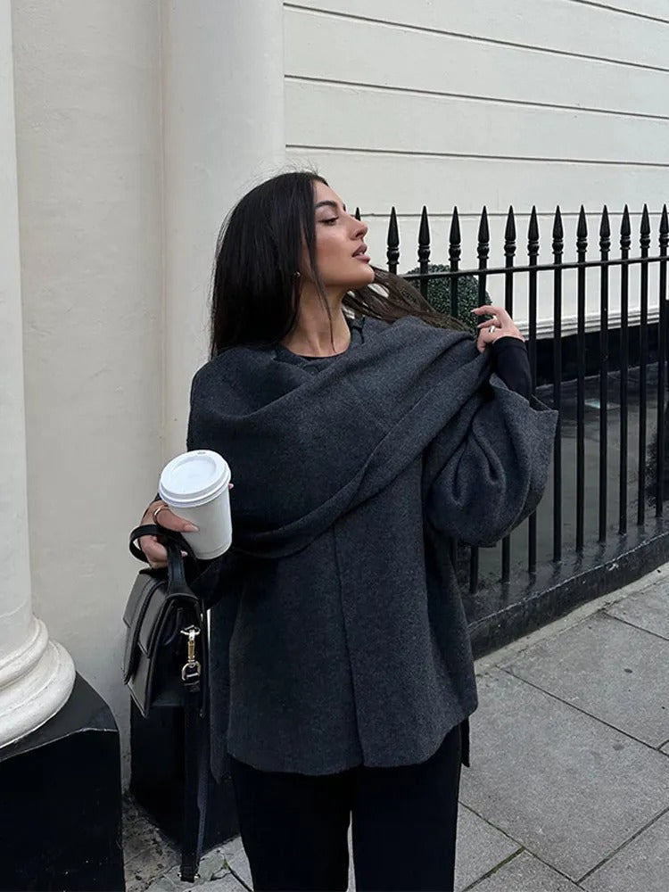 Women's Knit Cape Coat UK – draped collar layer, view 6