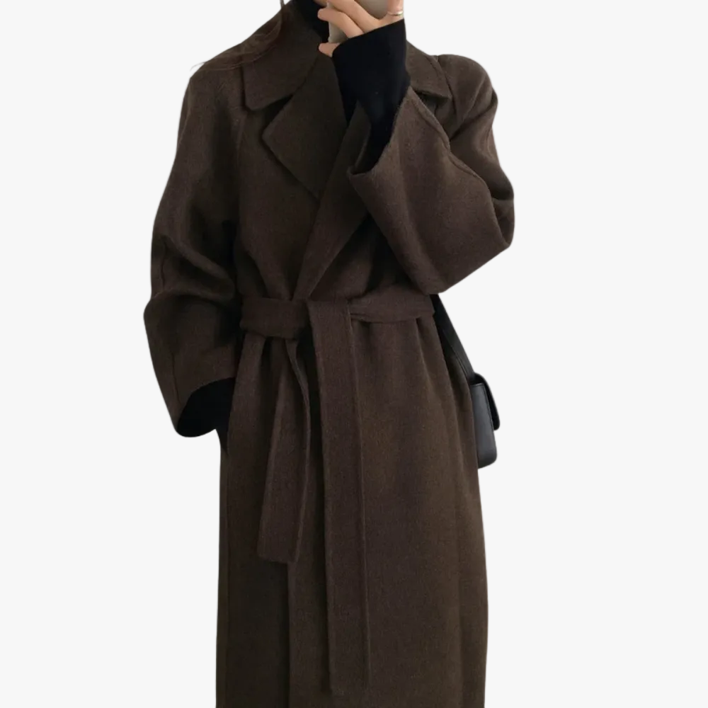 Women's Belted Long Coat UK – notched lapel tie waist, view 1