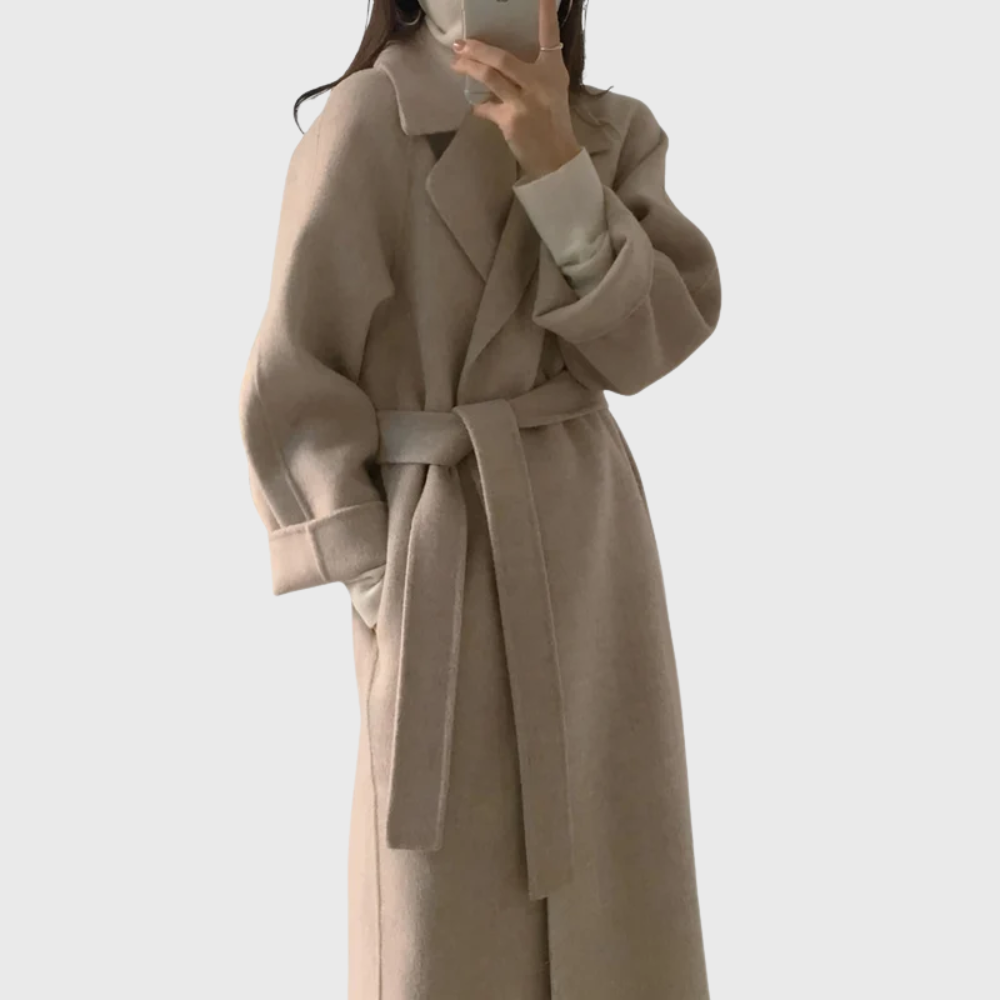Women's Belted Long Coat UK – notched lapel tie waist, view 2