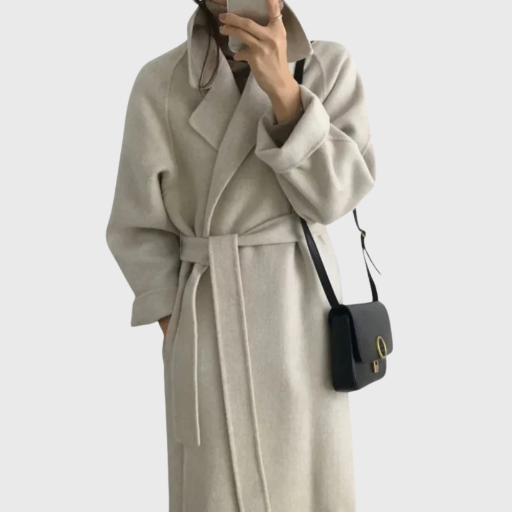 Women's Belted Long Coat UK – notched lapel tie waist, view 3