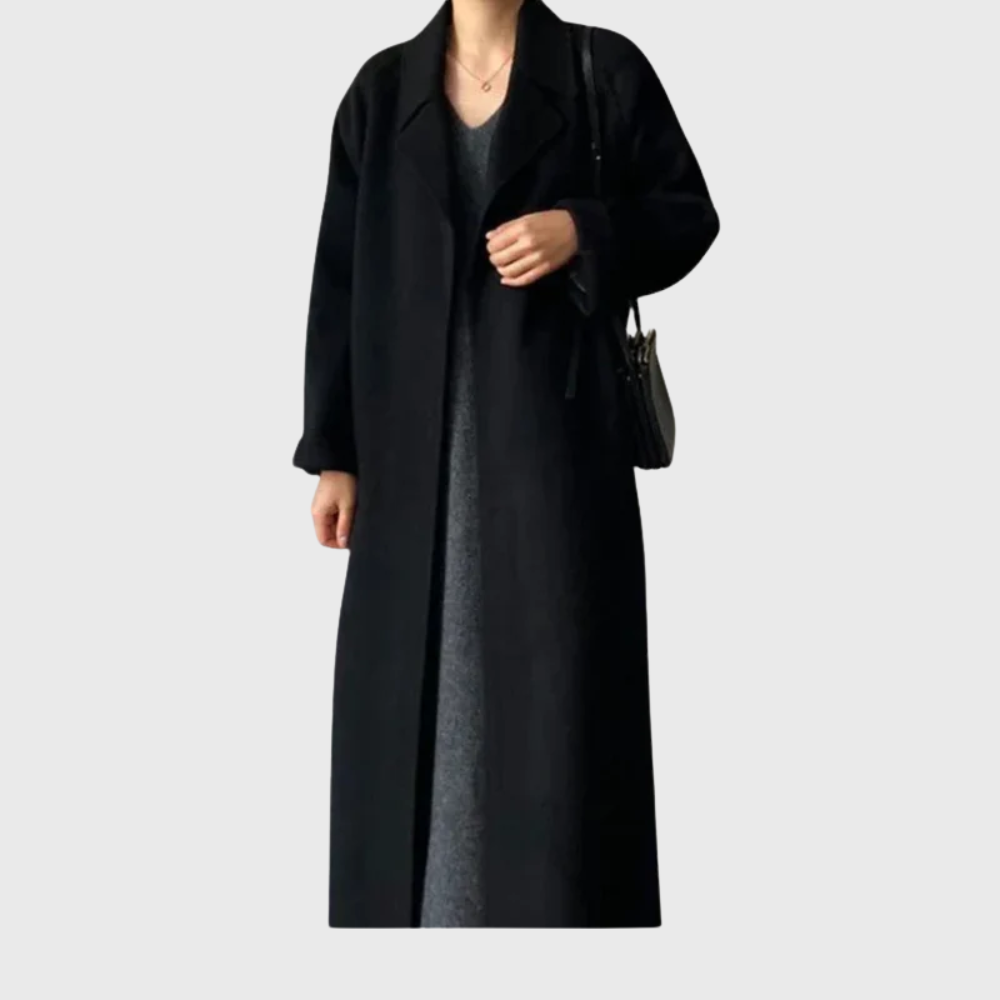 Women's Belted Long Coat UK – notched lapel tie waist, view 5