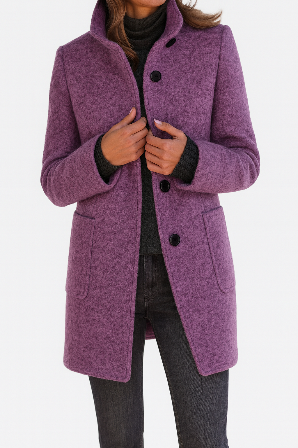 Women's Stand Collar Coat UK – patch pocket mid-length, view 3
