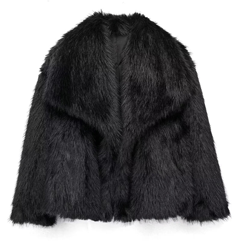 Women's Faux Fur Coat UK – shawl collar open front, view 12