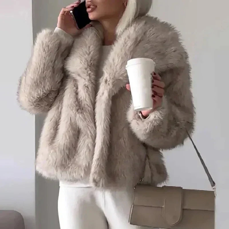 Women's Faux Fur Coat UK – shawl collar open front, view 3