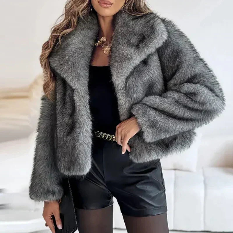 Women's Faux Fur Coat UK – shawl collar open front, view 1