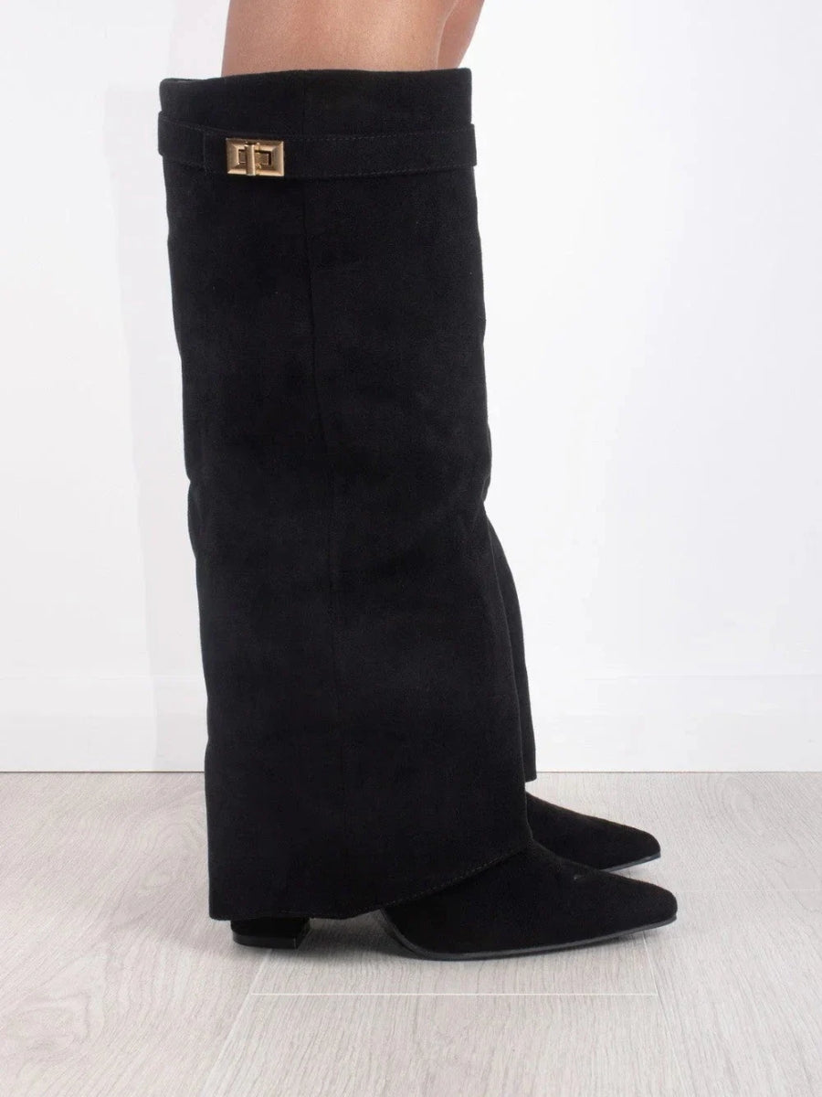 Women's Suede-Look Fold-Over Boots – pointed toe golden detail, view 3 | The Honora | Huna